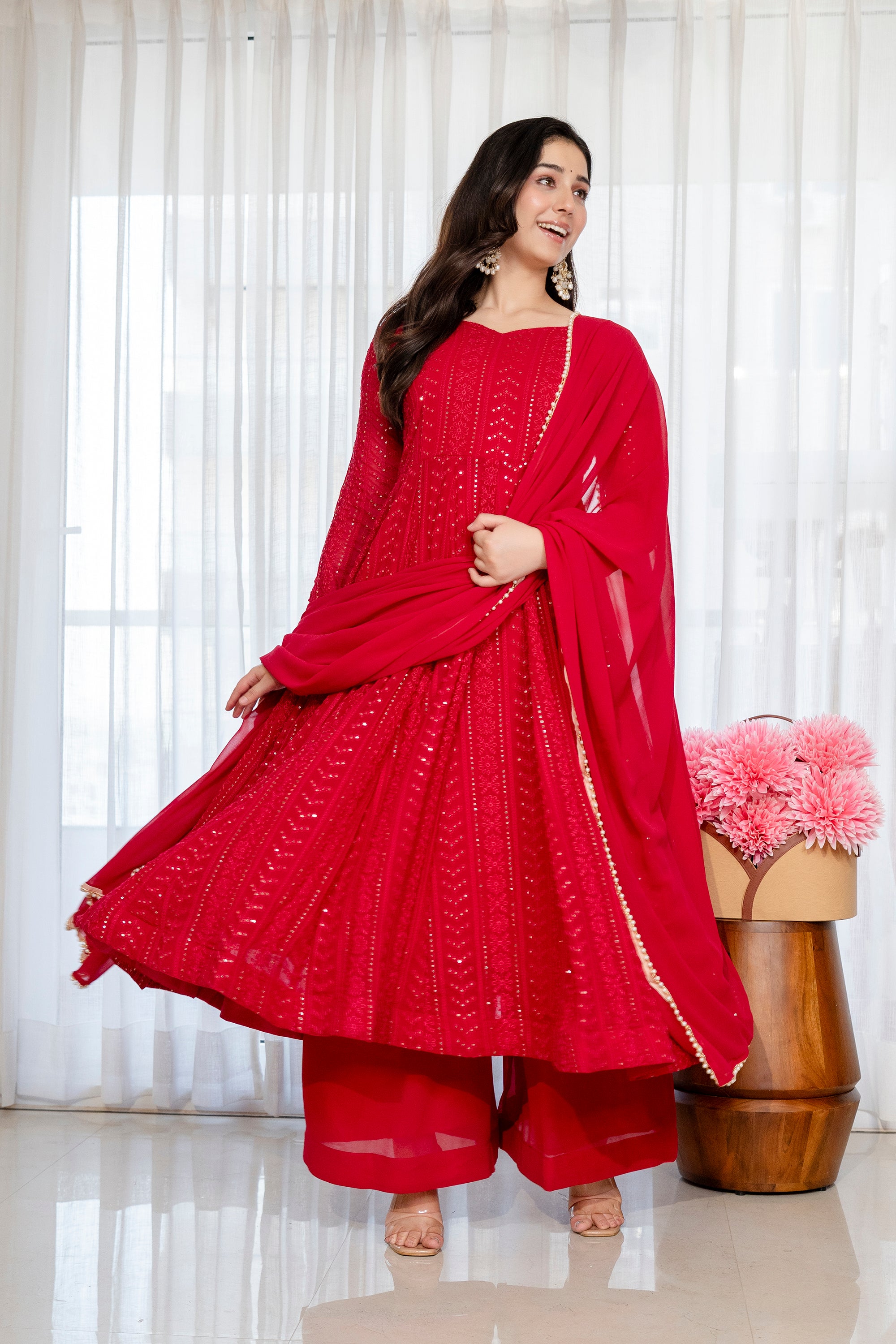 Piink Shades Lakhnavi Embroidered Work Anarkali Suit Set