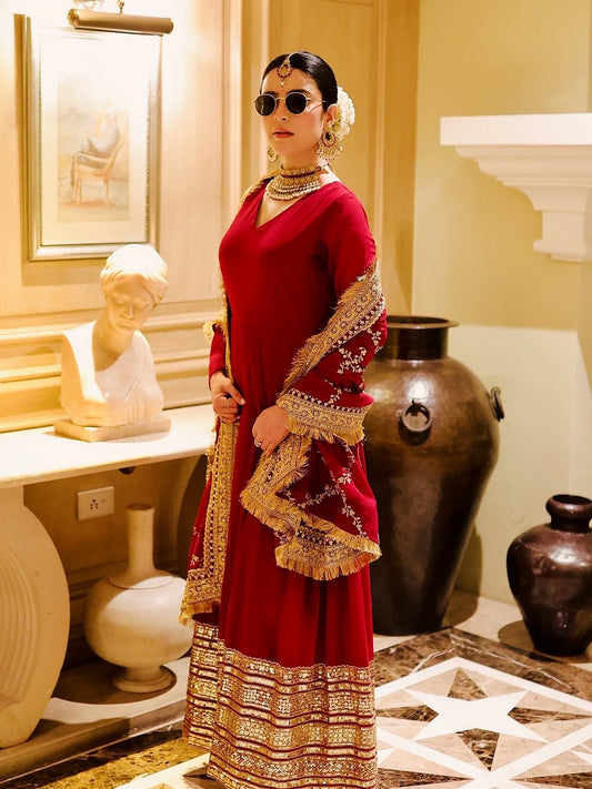 Nupura Maroon Designer Embroidered Zari Sequins Work Gown