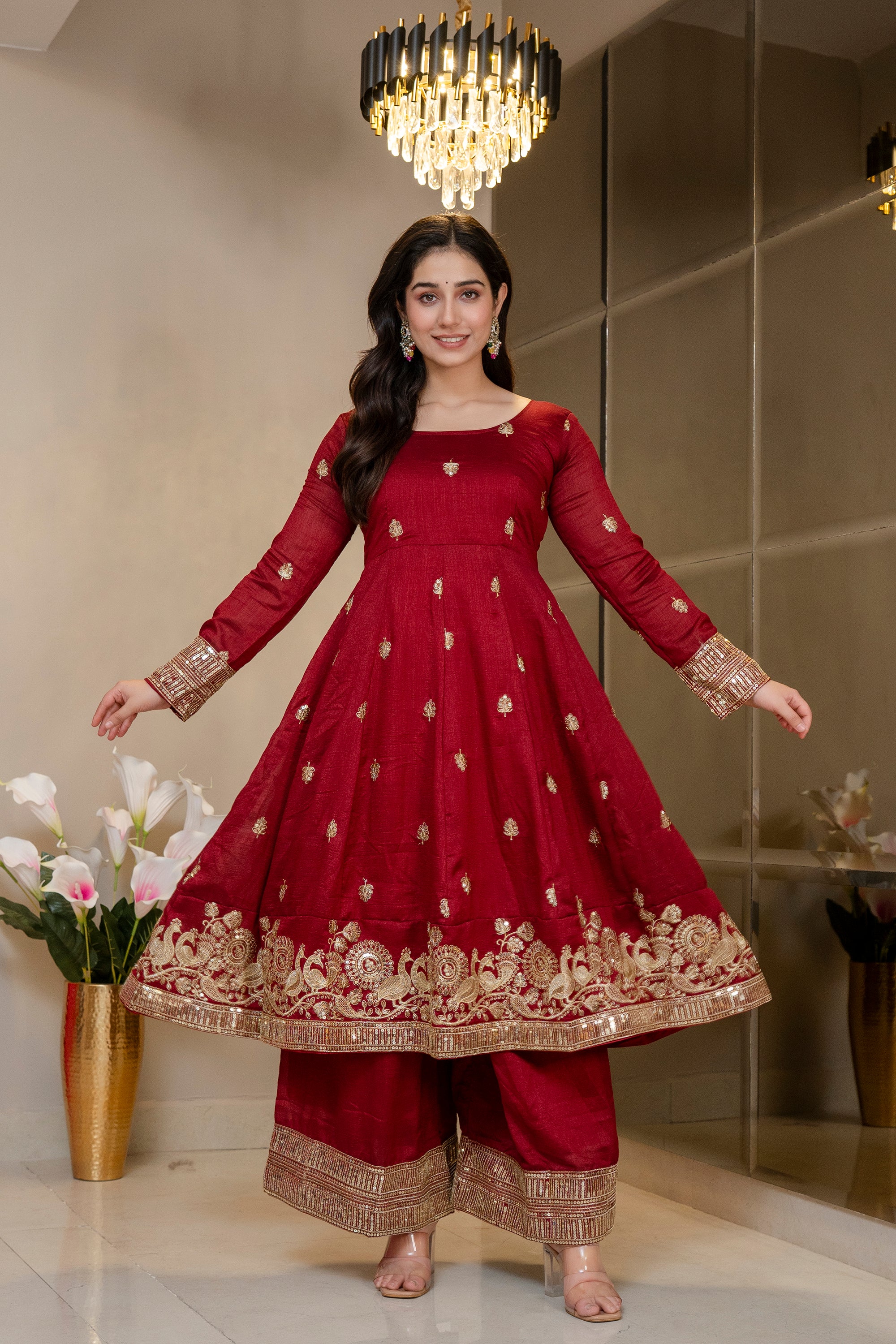 Luxury Maroon Embroidered Anarkali Suit Set