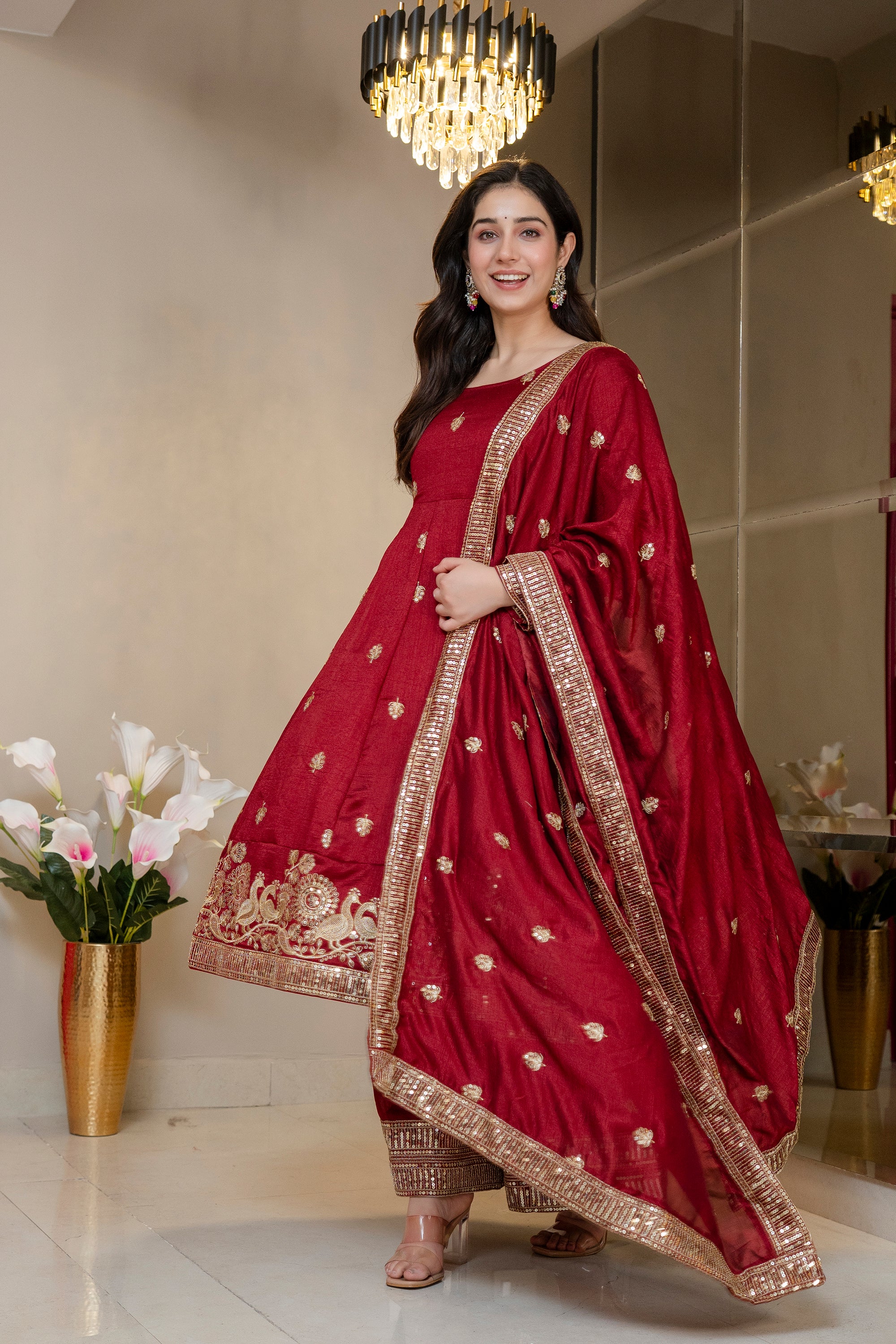 Luxury Maroon Embroidered Anarkali Suit Set