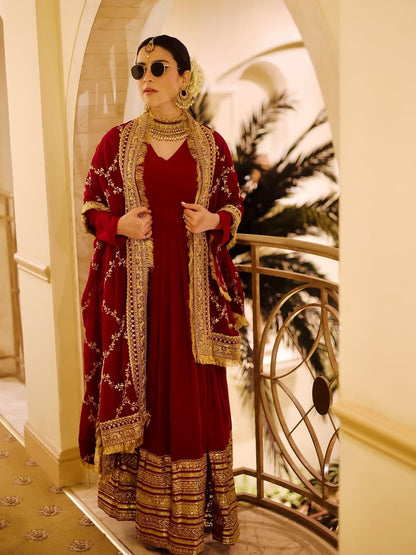 Nupura Maroon Designer Embroidered Zari Sequins Work Gown