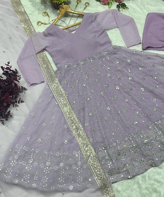 Faux Blooming Foil Work Anarkali Suit Set
