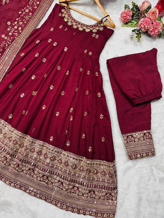 Vichitra Silk Maroon Color  Anarkali Suit Set