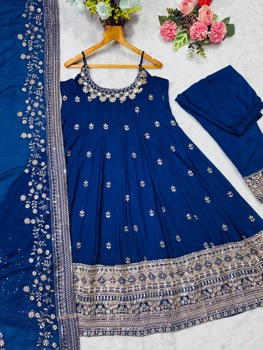 Vichitra Silk Blue Color Anarkali Suit Set