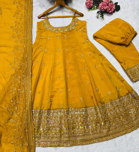 Vichitra Silk Yellow Color  Anarkali Suit Set