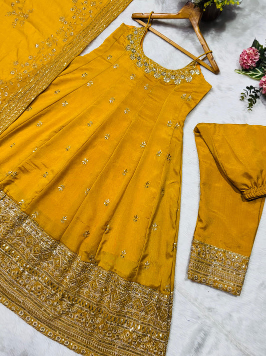 Vichitra Silk Yellow Color  Anarkali Suit Set