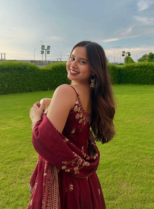 Vichitra Silk Maroon Color  Anarkali Suit Set